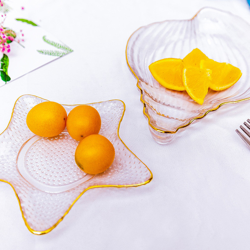 Creative Ocean Style Crystal Glass Shell Plate Decorative Salad Plate With Gold Rim