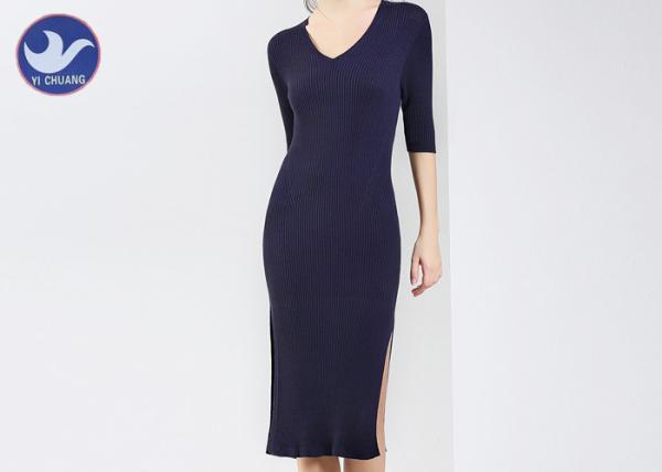 Half Sleeves Womens Knitted Dresses , V Neck Jumper Dress / Knit Dress Welt Side