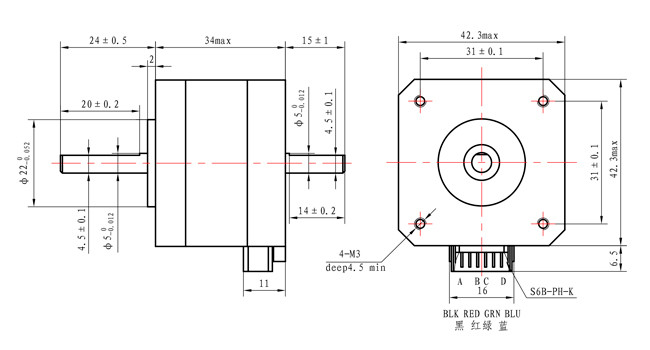 NEMA 17 Dual Axis Stepper Motor 34mm Body 1.33A 0.32N.m With CE RoHS
