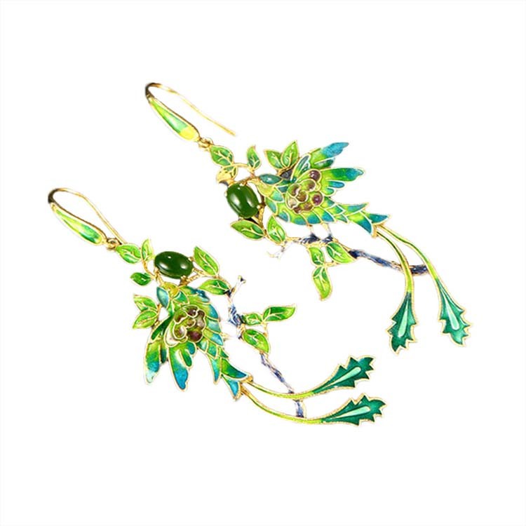 Gold Plated Stering Silver Drop Earrings with Enamel Phoenix Style Fashion Jewelry(E6050601GREEN)
