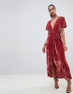 China OEM short sleeve pink velvet wrap midi dress wholesale