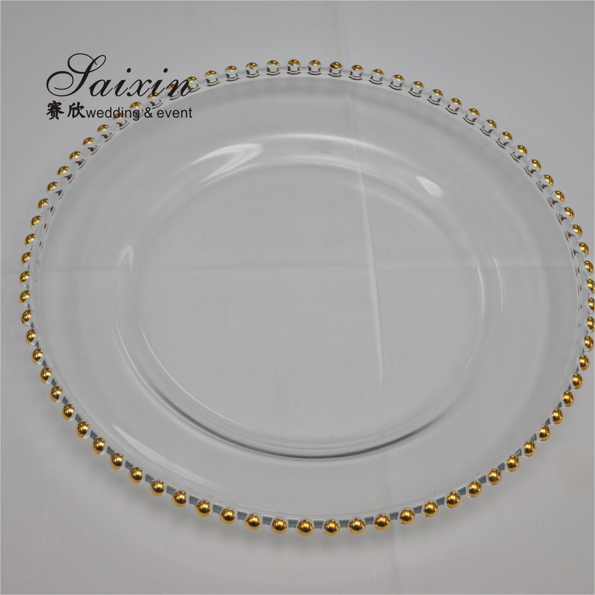 12 Inch Beaded Glass Charger Plate Gold Trim For Wedding Event Supplies