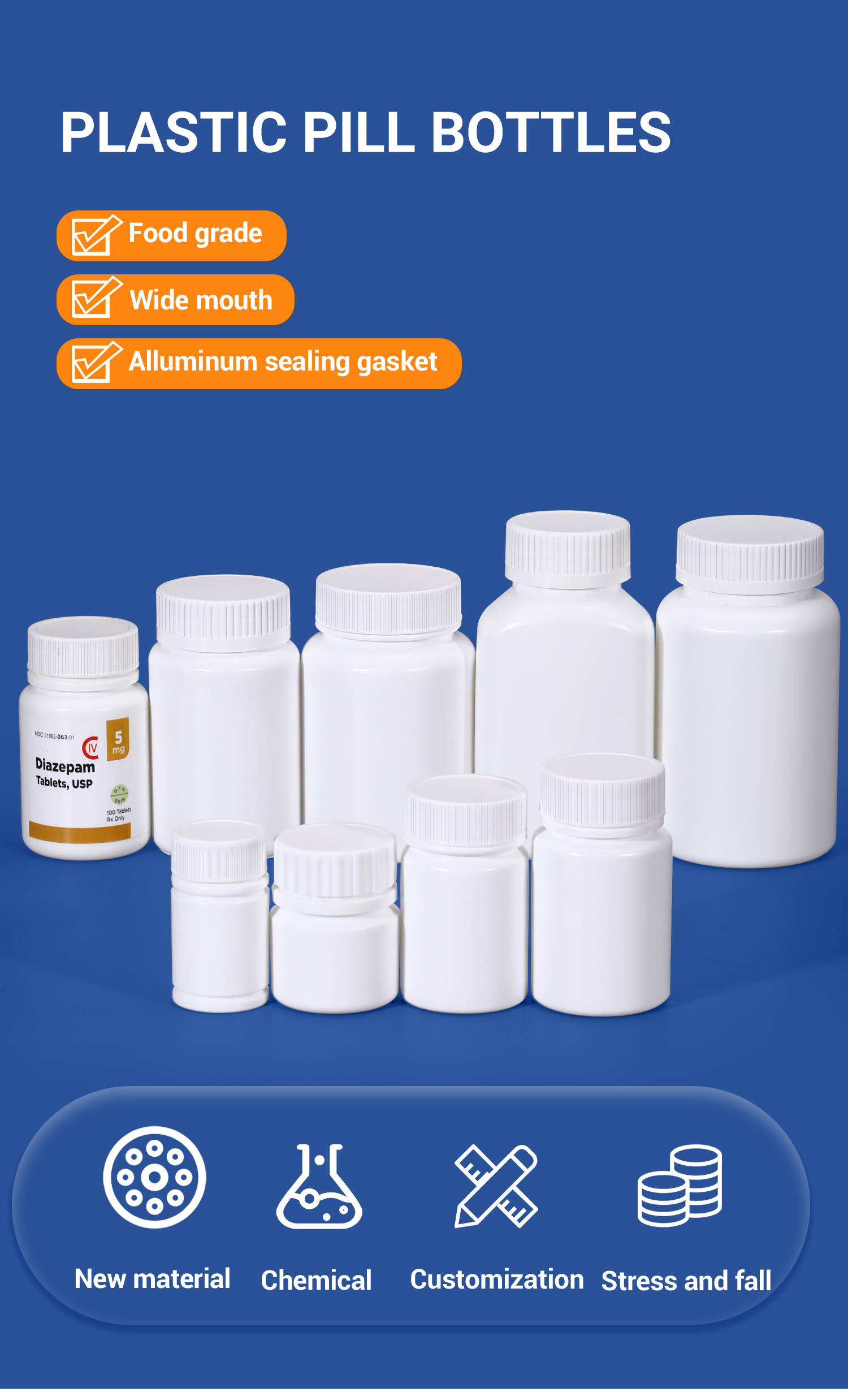 HDPE Collar Pharmaceutical Pill Bottles 50cc 4 Oz White Aluminum Foil Gasket Lid