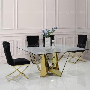 China 100kg Square Glass Top Dining Table 150cm Stainless Steel Frame wholesale