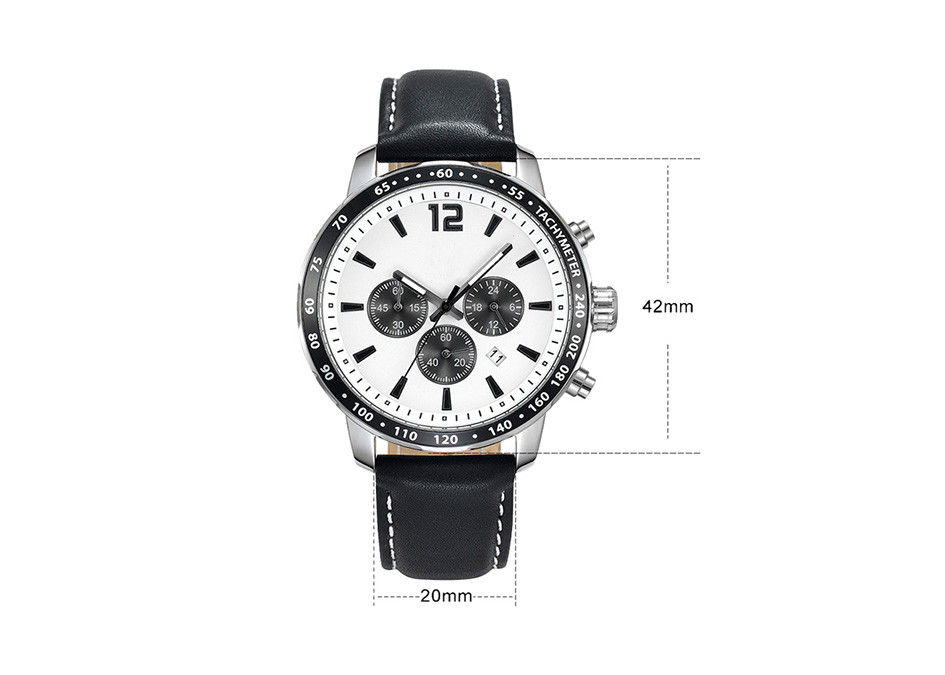 Mans Stainless Steel Chronograph Watch Tachymeter Leather Strap Plastic Bezel