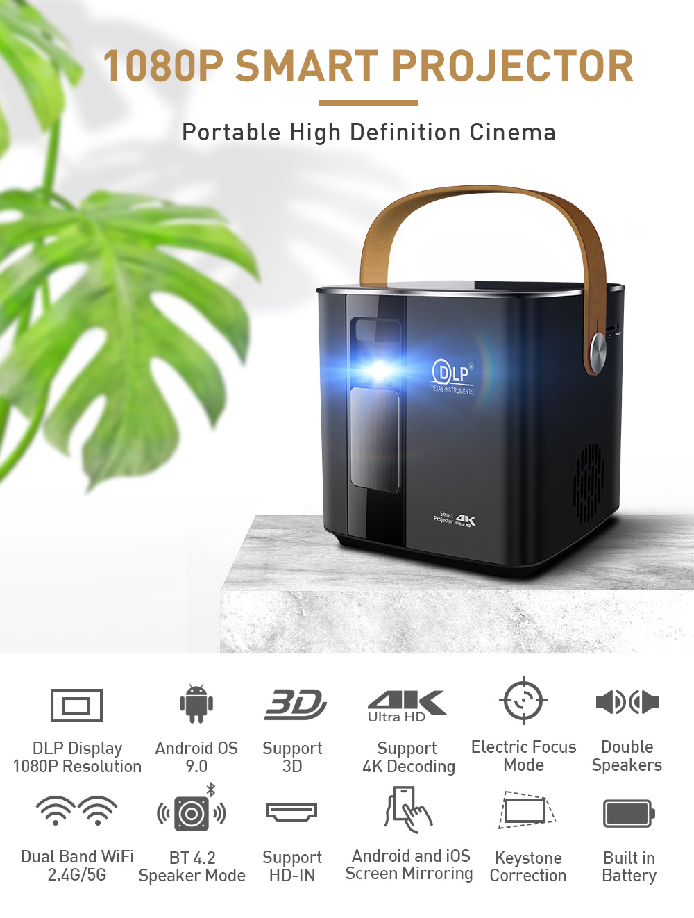 Smart Mini Android 9 DLP LED Projector 6000 LUMENS With Battery