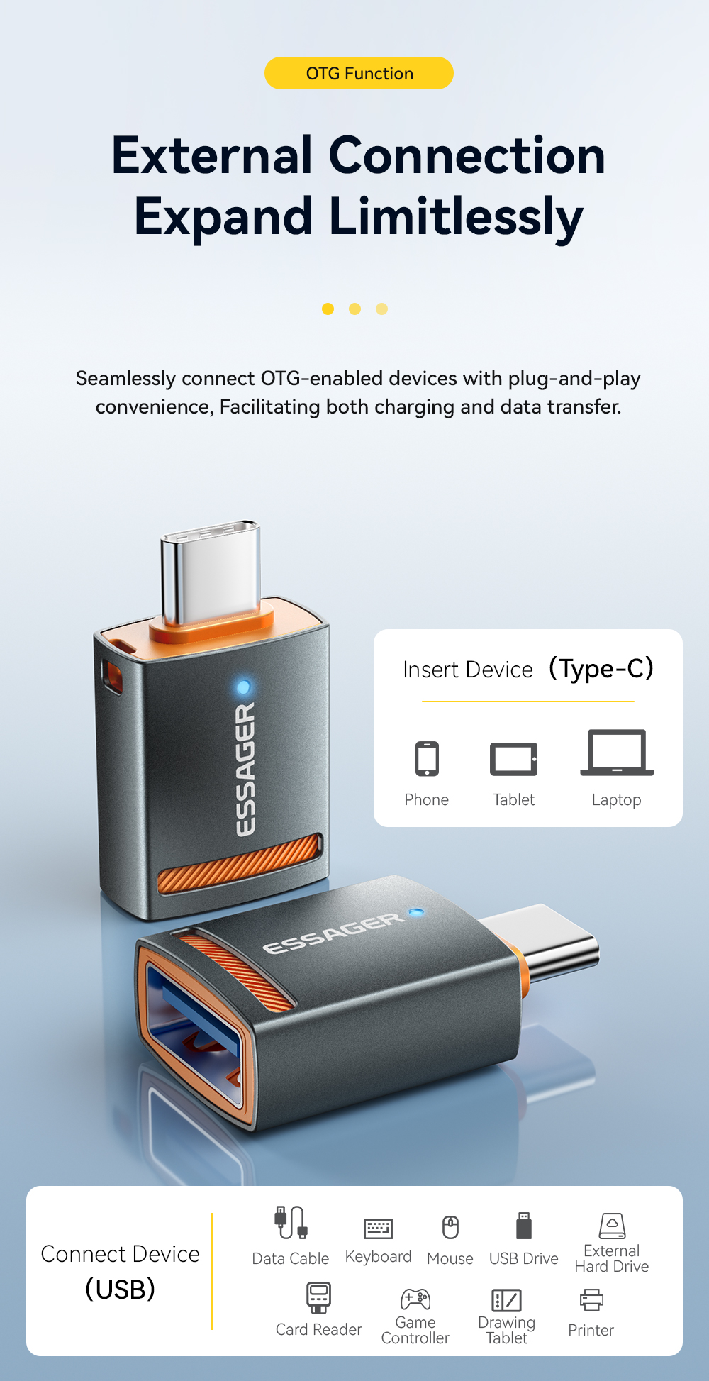 Plug In Micro USB OTG Adapter USB A C Lightning OTG Connector ESSAGER ES-OTG17 Series
