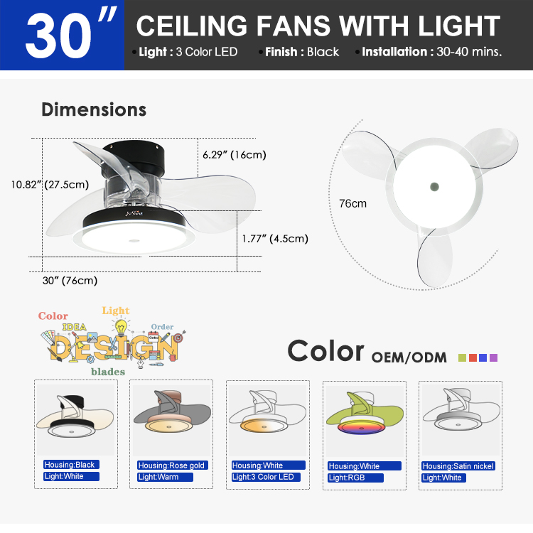 30 Inch LED Lighting Ceiling Fan 3 ABS Clear Blades Soft Wind and APP Switch Style 2-