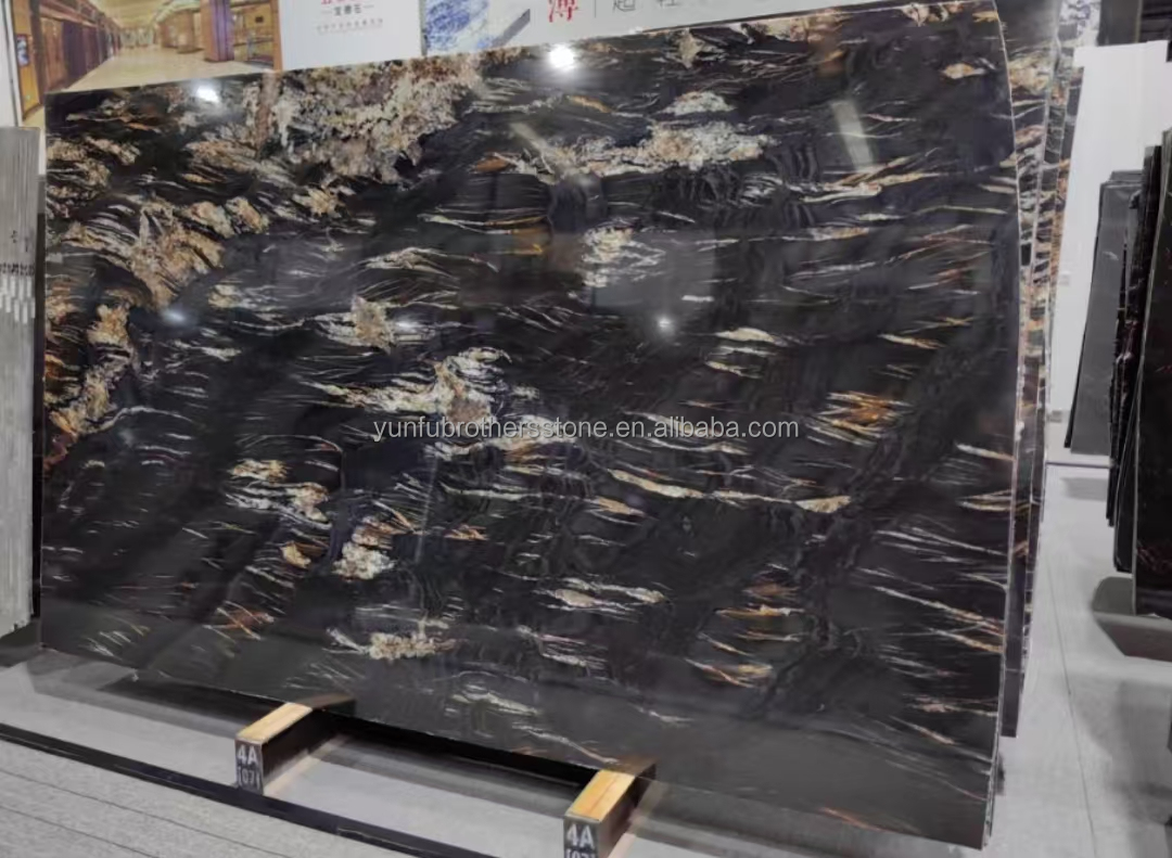 Modern Natural Phoenix Feather Black Gold Marble Stone Stair Steps Tile Big Slab