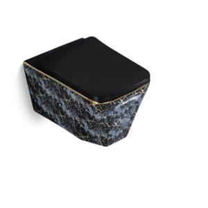 China Rimless Wall Hung Toilet Water Closet with Electroplate Butterfly Black Marble Pattern Silver Line wholesale