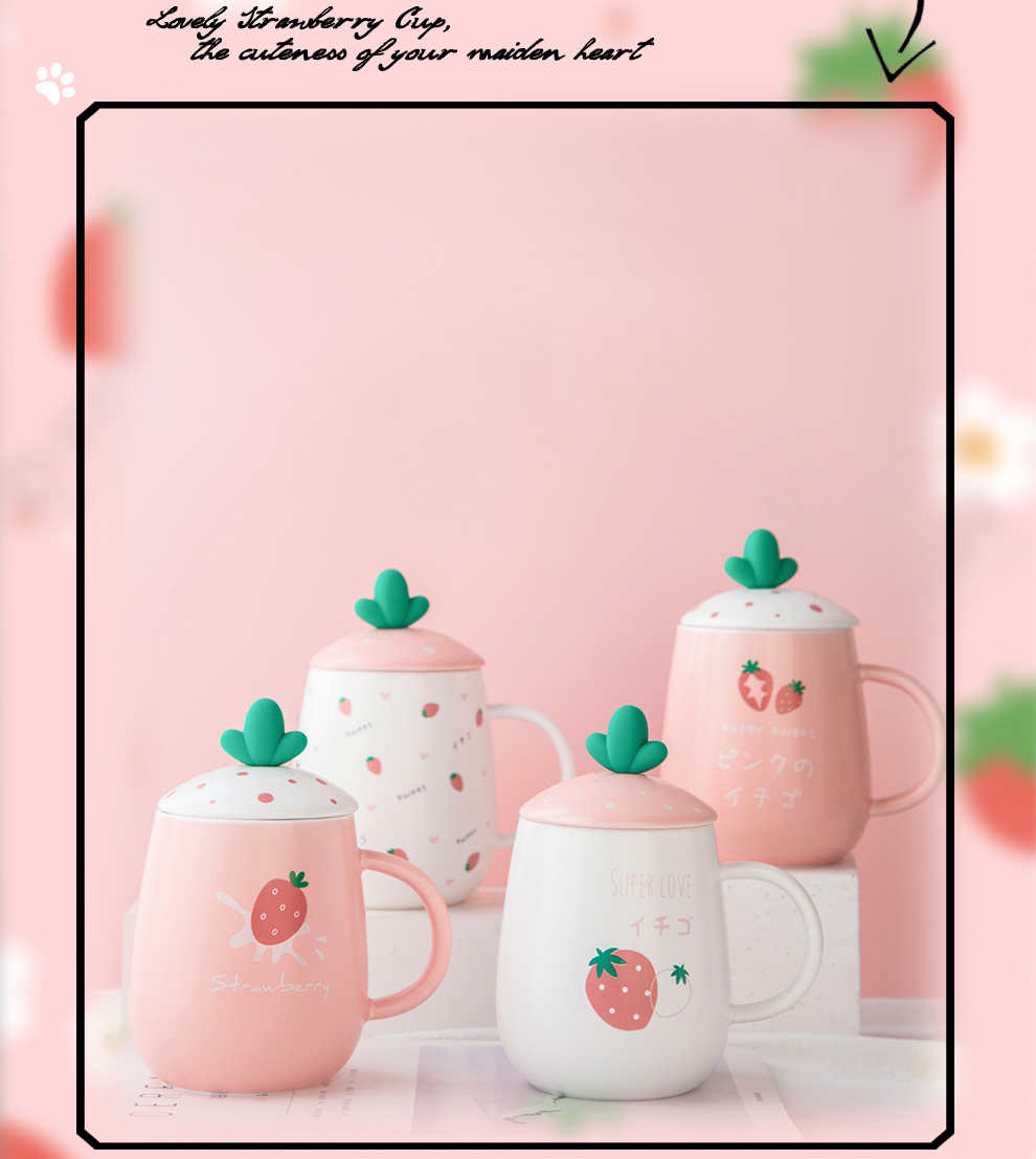 460ml Volume Cute Cartoon Design Ceramic Mug With Lid And Spoon Girls' Tableware