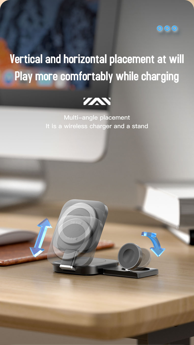 3 In 1 Fast Wireless Charger with Over-Charging Protection and Magnetic Foldable Design