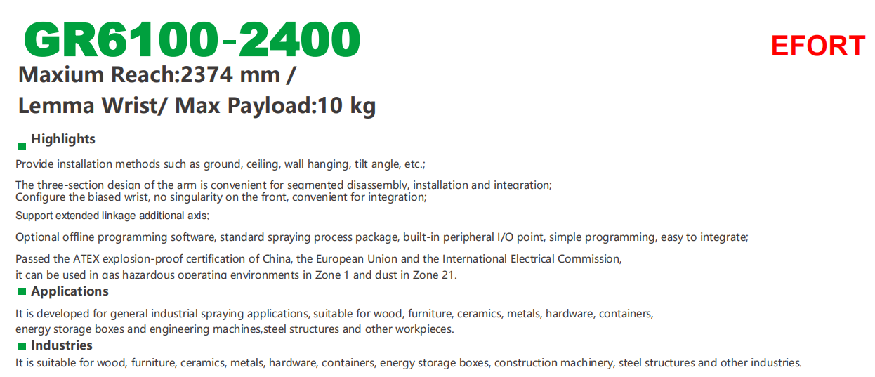 Painting robot for furniture, metal, hardware, GR6100-2400 payload 10kg reach 2374mm