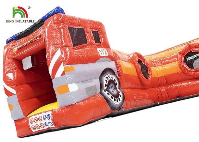 PVC 0.55mm 21ft Red Fire Truck Inflatable Obstacle Course For Kids