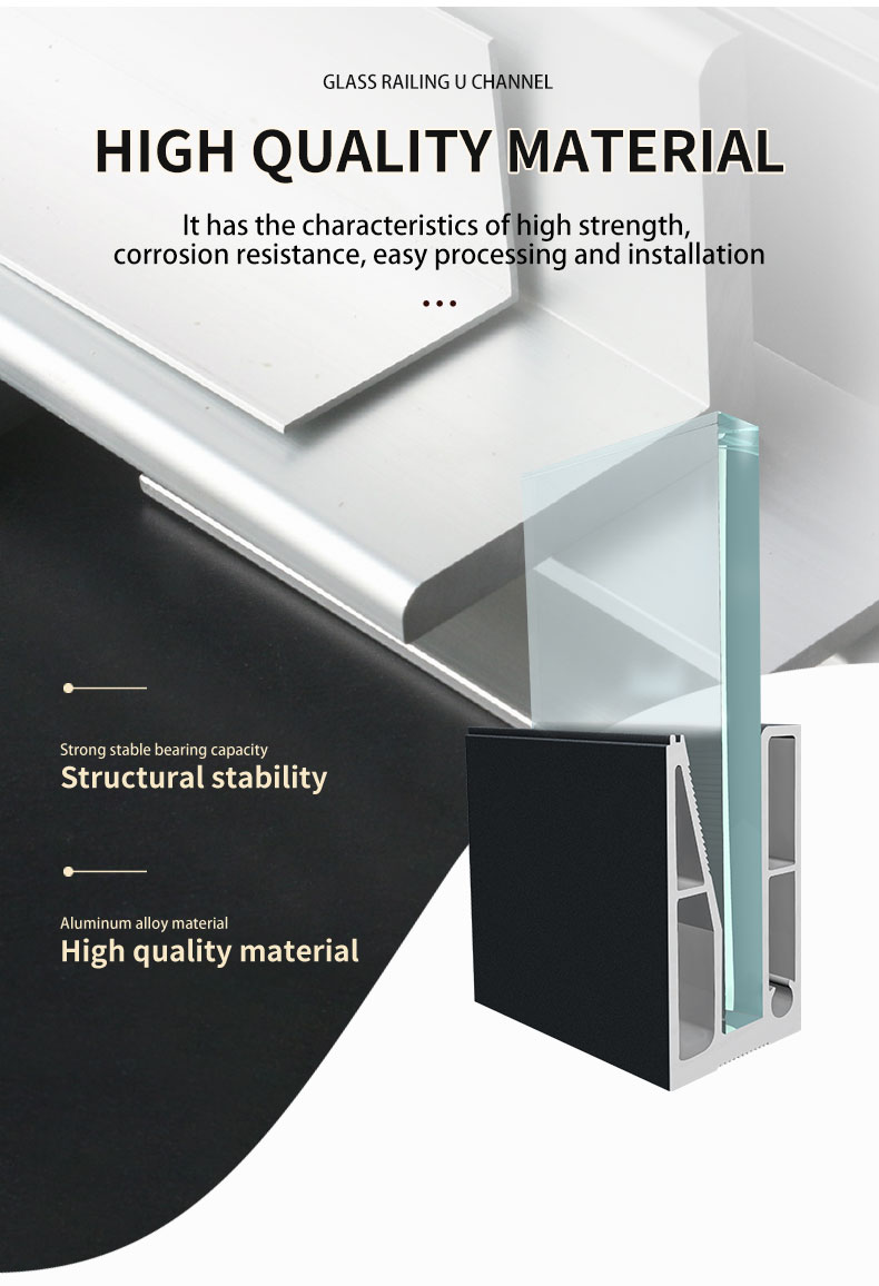 Aluminum U Shape Glass Channel Matching 10-13mm Glass Tempered Glass Balcony Enclosure