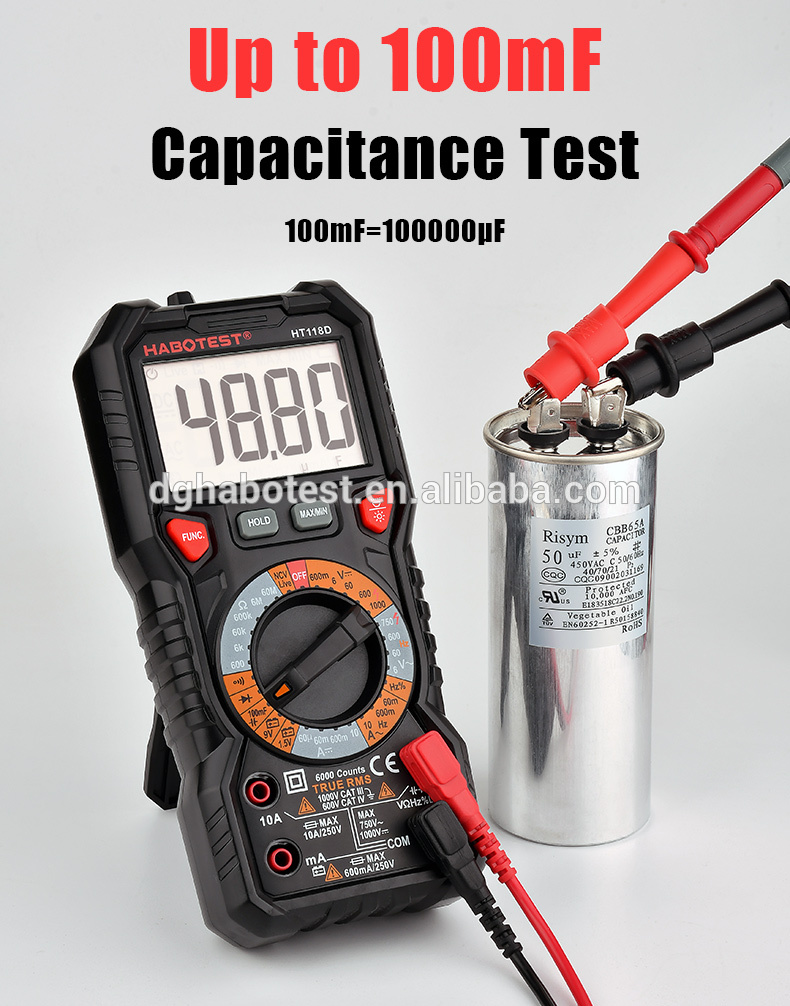 10A 6000 Counts Handheld Digital Multimeter , 750V Capacitance Test Multimeter