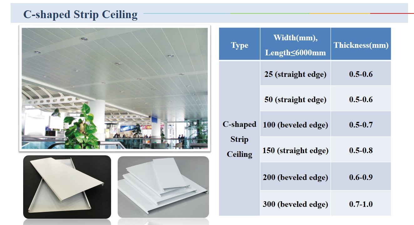 White Powder Coating C300 Suspended Aluminum Strip Ceiling Metal Aluminium Panel Cut Edge