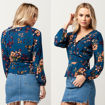Women Low Neck Floral Chiffon Long Sleeve Top
