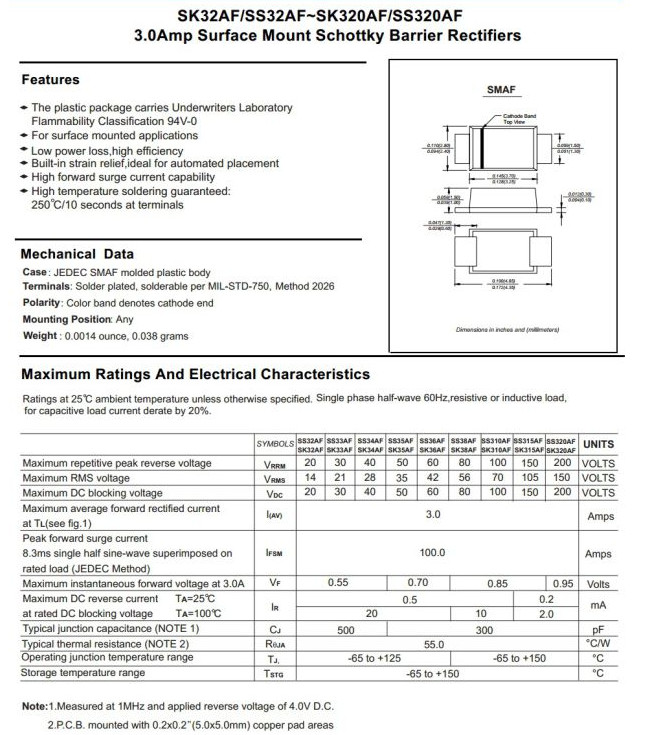 3A Ss32f Thru Ss320f Schottky Barrier Rectifier Diode Smaf Package