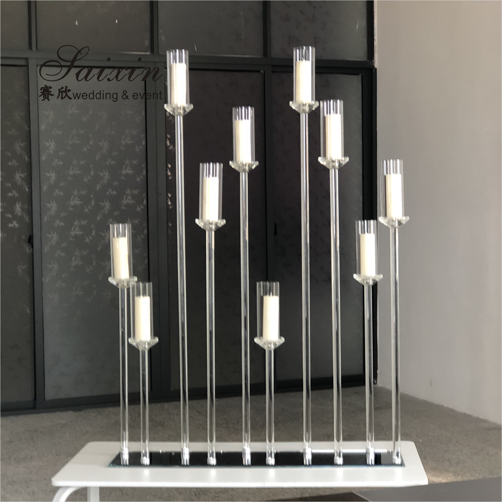 Luxury new design 15 branches holder gray crystal stands for international wedding decorative