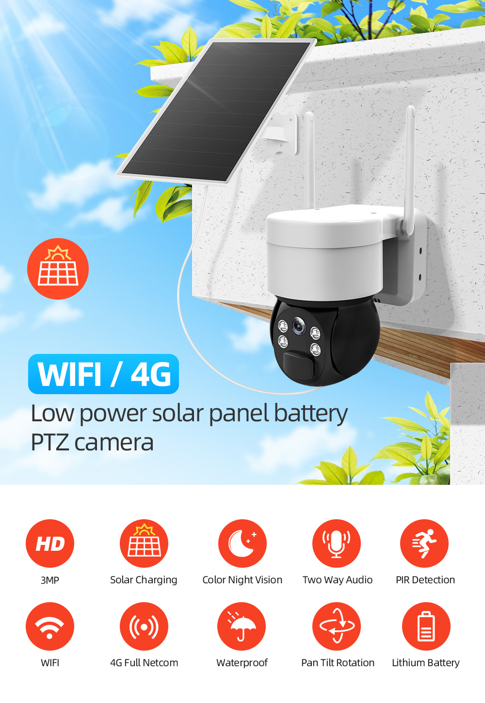 3MP WIFI 4G Solar Powered Camera PTZ CCTV Camera With SIM Card Human Detection Solar Camera Outdoor