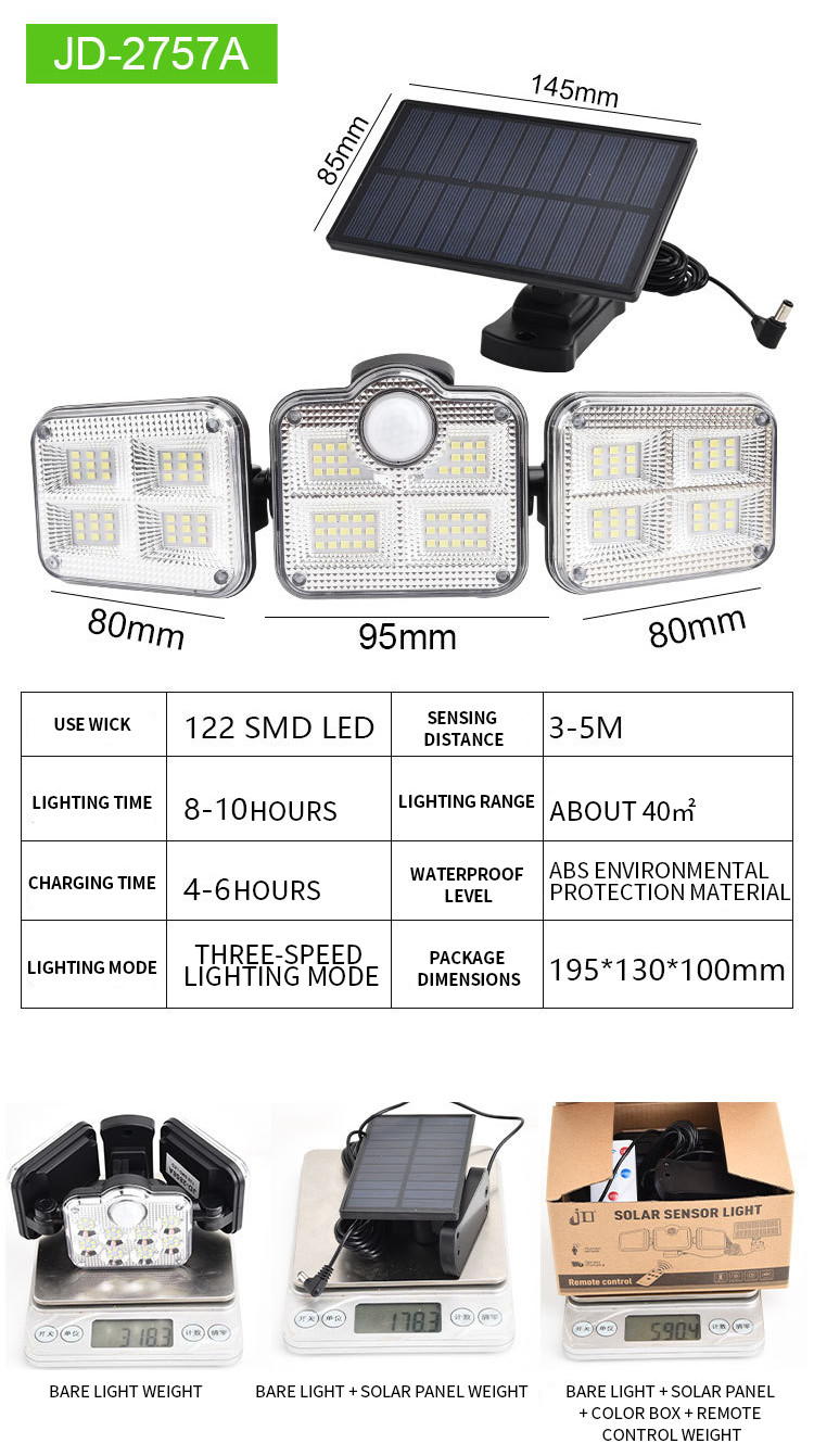 Powered Outdoor Solar LED Wall Lights With Sensor 195x130x100mm 122 SMD LED 1.8w