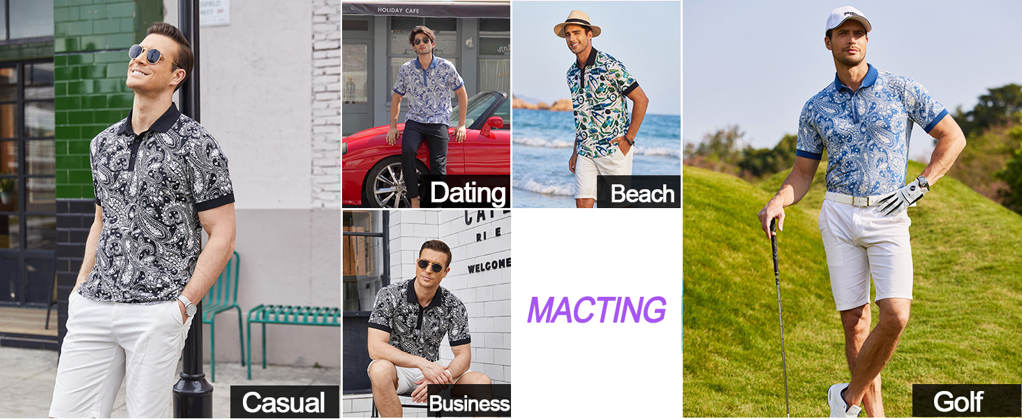 Knitted Fabric Custom Mens Slim Fit Paisley Polo T Shirts Floral Print Shirt MACTING