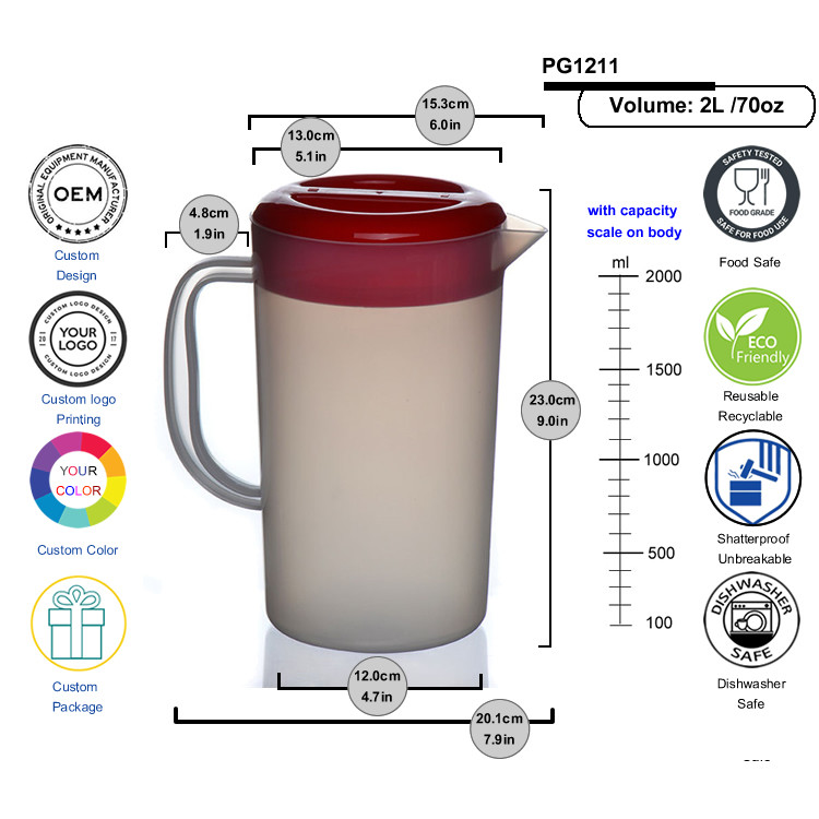 2L Plastic Pitcher With Lid Plastic Water Carafe For Hot Cold Juice Beverage