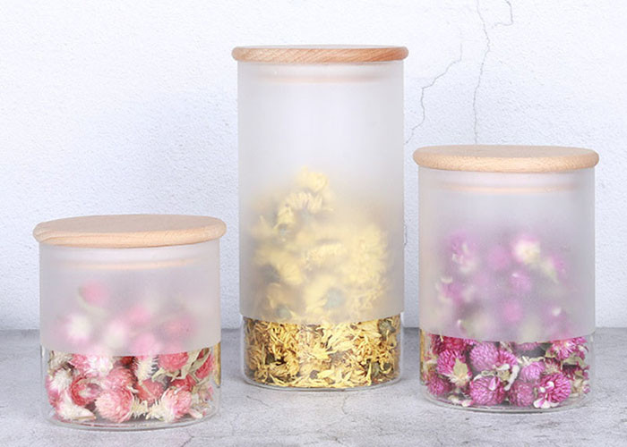 Yf0903 Frosted Glass Jar For Food / Glass Storage Jar With Bamboo Lid