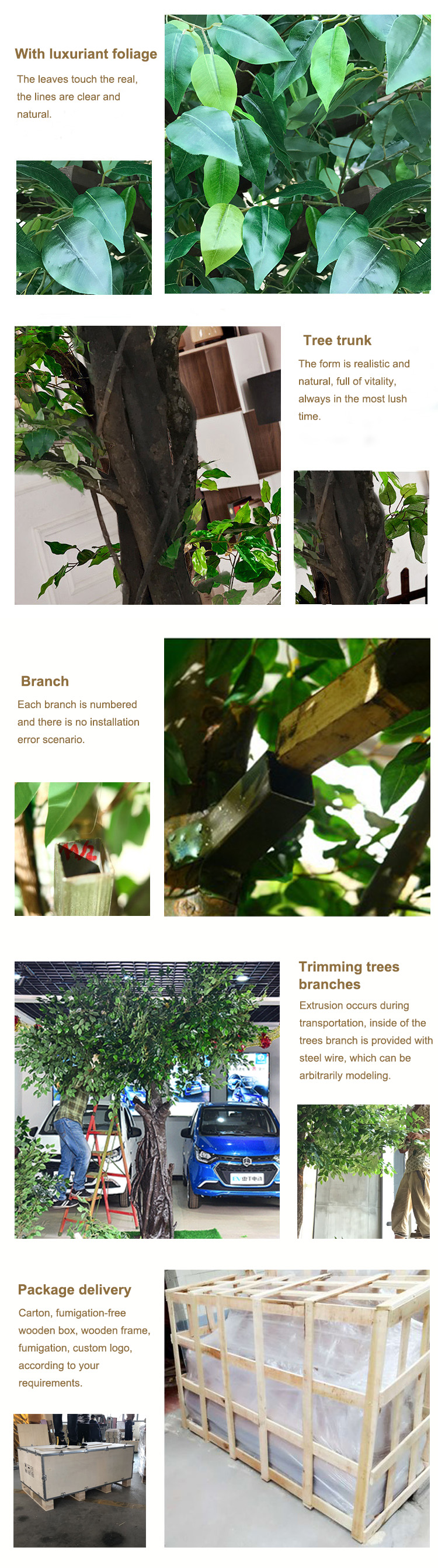 Wood Trunk Faux Birch Tree , Green Faux Evergreen Trees Customized Design