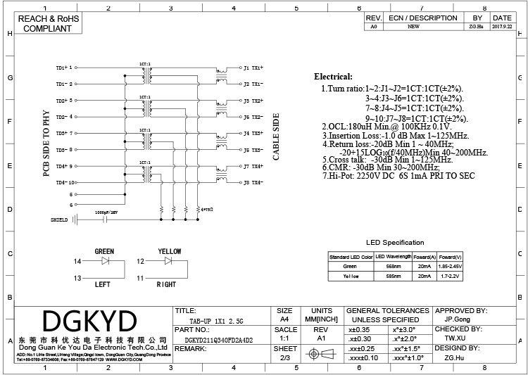 DGKYD211Q340FD2A4D2(2.5G) Port Upward Connector Pcb Modular Jack RJ45 Shielded Network Interface