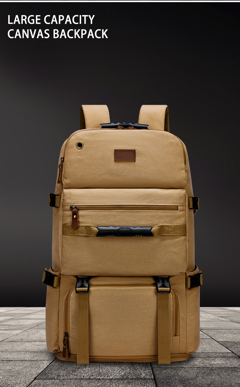 56-77Litre Vintage Canvas Laptop Backpack Khaki Color Waterproofing