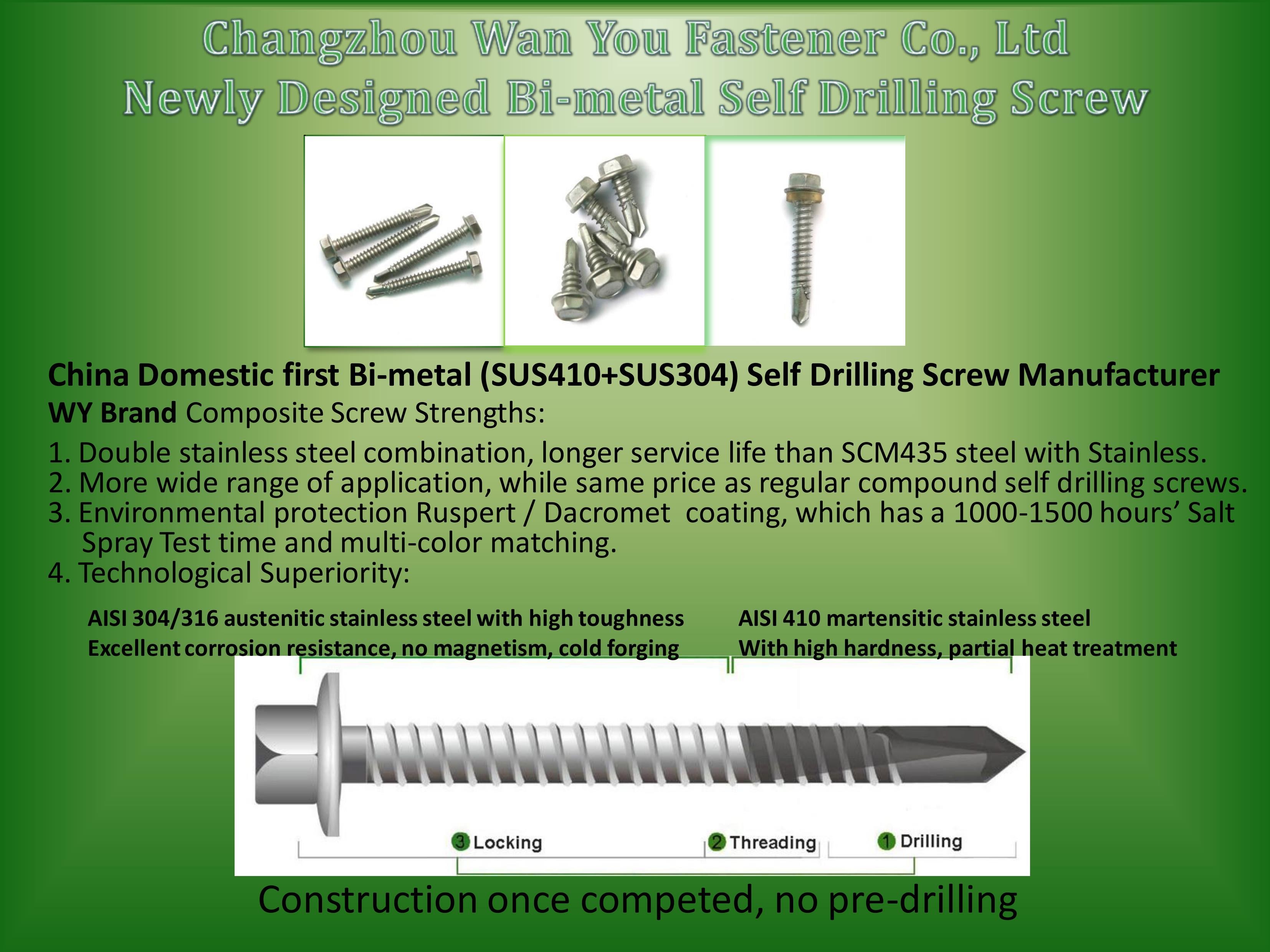 SUS410 and SUS304 Bi-Metal Self Drilling Screw Hex Head Ruspert Environment Coated DIN Standard