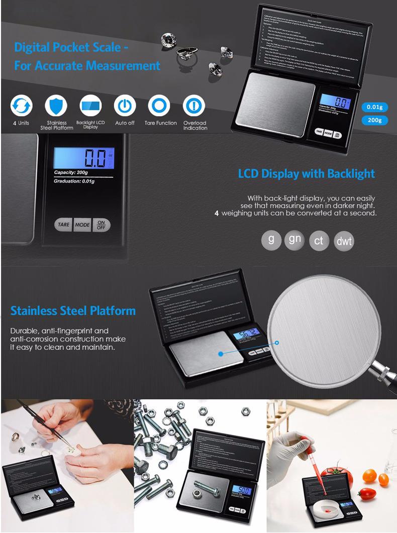 High Precision ABS Stainless Steel Pocket Scale 0.01g Accuracy Mini Digital Jewelry Scale Scale size 7.6*12.8*2 cm