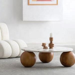 China Round Marble Topped Pedestal Coffee Table Marble Plate Wooden Ball Base wholesale