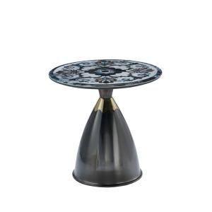 China Modern light luxury round living room black marble look glass top metal base corner tables side table wholesale
