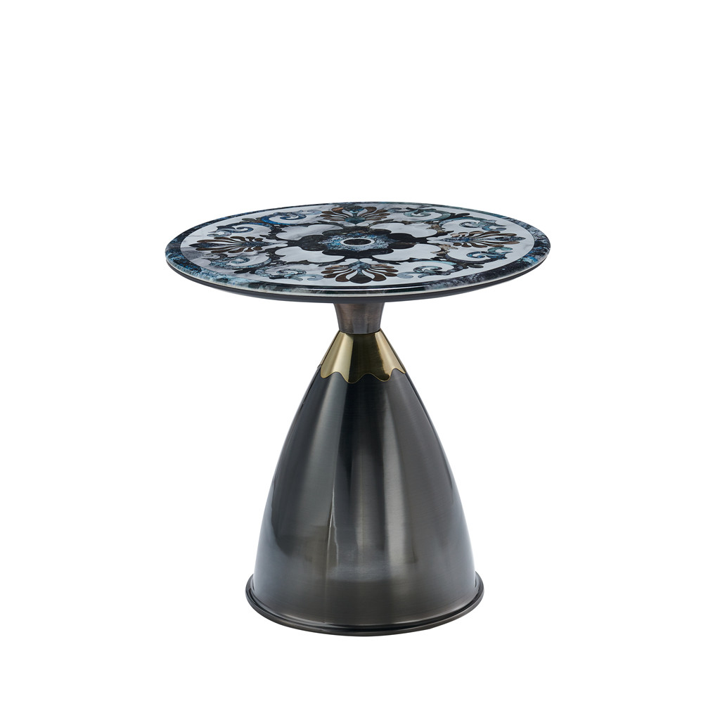 Modern light luxury round living room black marble look glass top metal base corner tables side table