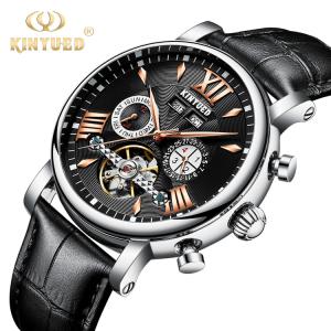 China Silver Case Skeleton Mechanical Watch Leather Strap Calendar Display wholesale