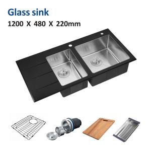 China Double Bowl Tempered Glass Kitchen Sink 47' Square Brushed 120x48 wholesale