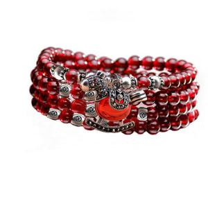China 5mm Round Genuine Garnet Beads Bracelet with 925 Silver Marcasite Horse Garnet Charm (B120706) wholesale
