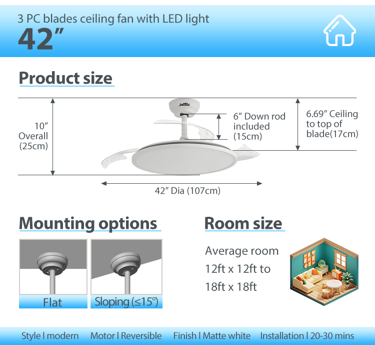 Ultra Thin White Elegant Design Retractable Ceiling Fan with LED Light and 6" Downdrod