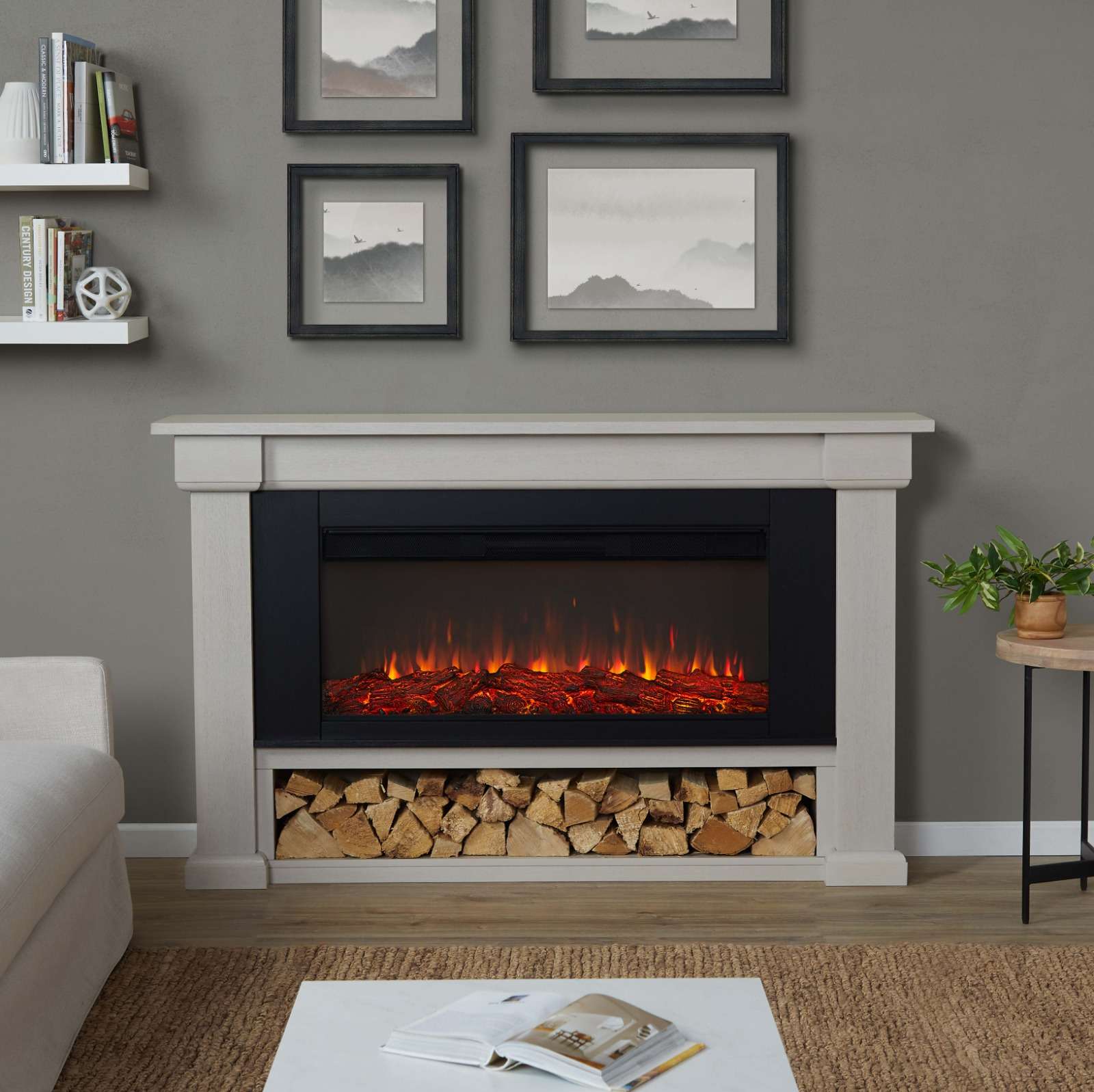 Electric Fireplace Cabinet with Firewood Storage and 100 BTU Heat Output Remote Control