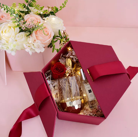 Chirstmas Wedding Anniversary Gift Boxes Cardboard Paper Hexagon With Ribbon