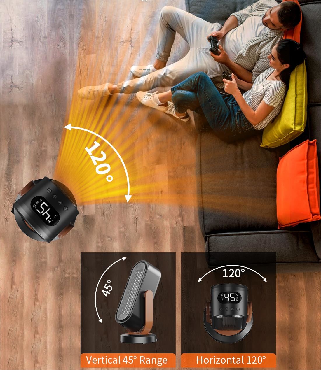 1500W Waterproof Fan Heater Vertical 45 Degree Horizontal 120 Degree Heating Range
