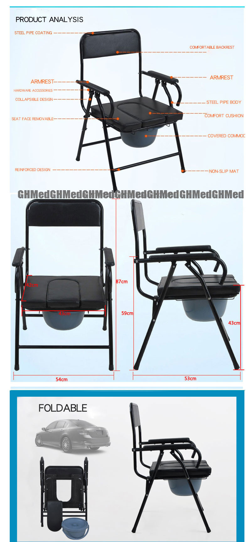 Aluminum Alloy Medical Transport Wheelchair Folding Shower Toilet Wheelchair For Disabled