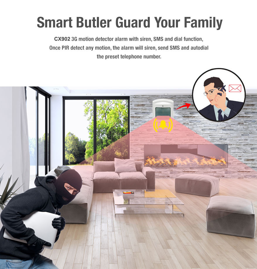 Smart Wireless 3G GSM SMS Motion Sensor Alarm Integrated Security Systems with Remind Siren