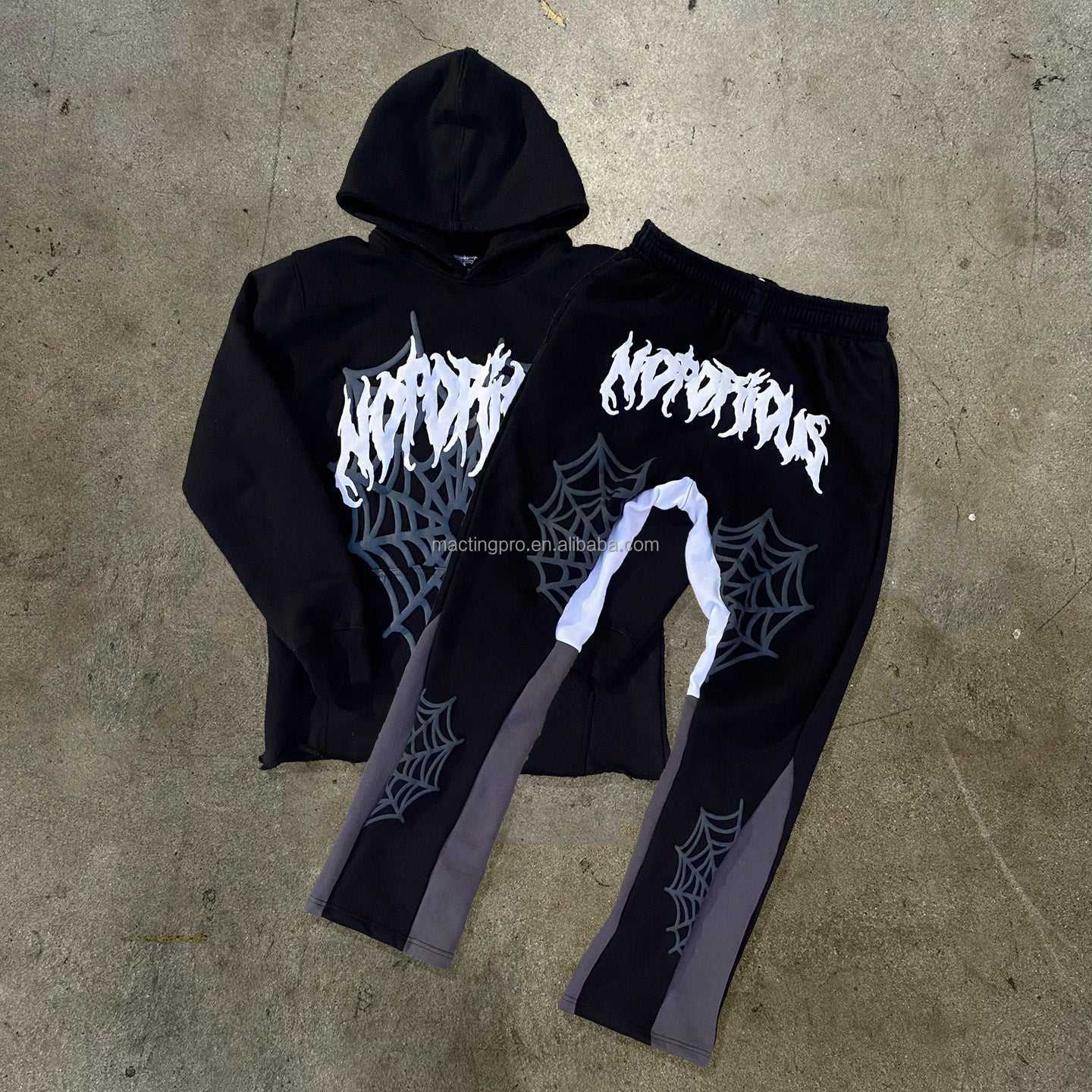 Custom Size Y2K Cut Raw Hem Hoodie and Sweatpants Set for Men's Streetwear in Cotton