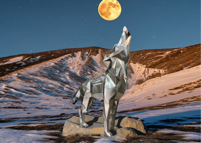 Giant 3-meter Stainless Steel Animal Mirror Geometric Wolf Sculpture