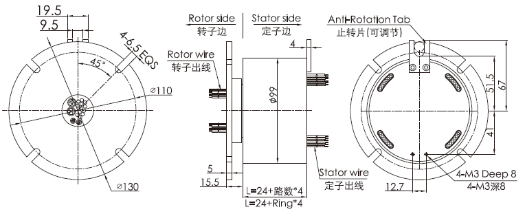 bm099 series BM099 Series Industrial Bus Slip Ring(RS-232,RS-485,RS-422) slip ring Drawing 