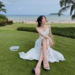 White Split Suspender Long Womens Vacation Dresses Sexy Halter Low Cut V Neck